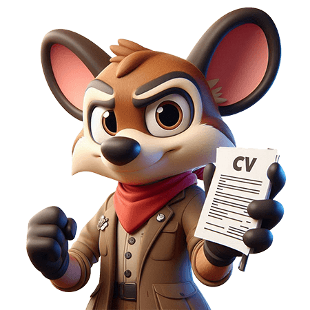 illustration d'un personnage ressemblant à un renard habillé de manière professionnelle qui tiens un CV dans sa main gauche.